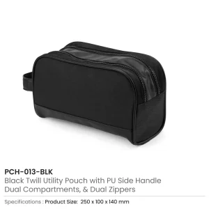 Twill Fabric Utility Pouch with PU Handle and 2 Main Zipper Compartments - Image 3